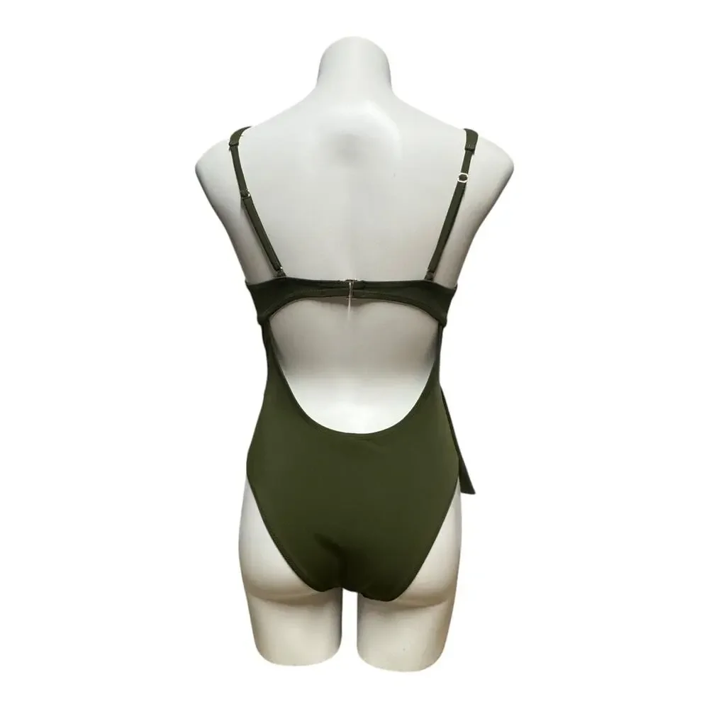 Shade & Shore Plunge Tie-Wrap One-Piece Swimsuit Olive Green Medium